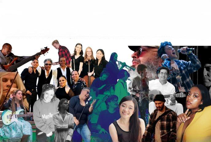 Musicians perform with guitars and mics in a vibrant collage that captures energy and musical diversity.