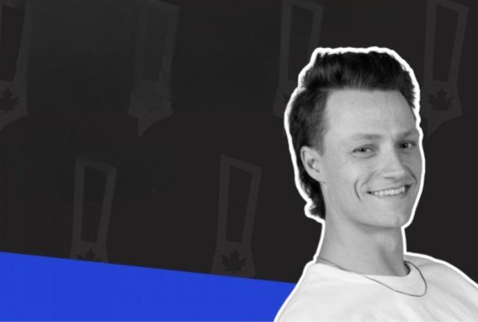 Smiling person in white shirt and necklace, with short hair, set against a dark backdrop with maple leaf symbols.
