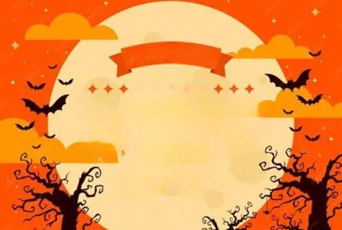 Spooky orange sky, pale moon, bats flying, twisted trees, stars, and blank red banner—Halloween vibes!