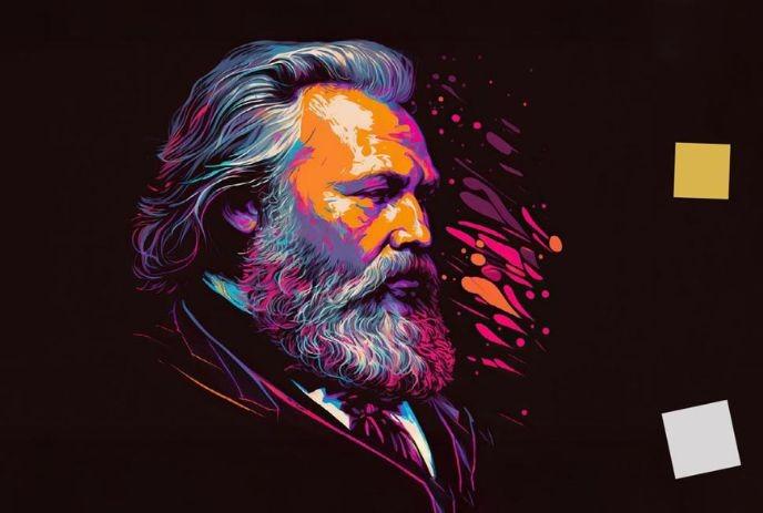 Colorful neon-style portrait of a bearded man with long hair, set against a dark background with two squares.