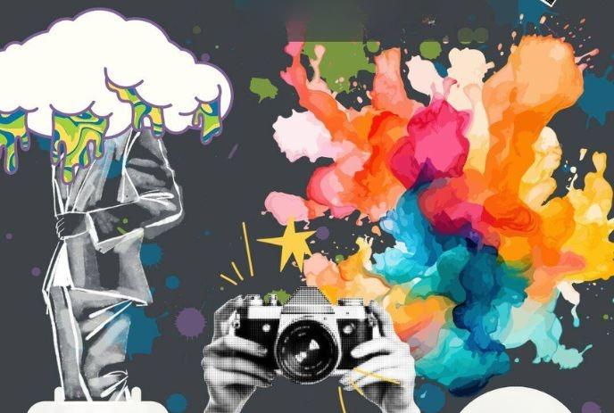Grayscale man with umbrella, paint cloud above; hands hold camera; vibrant colour splashes.