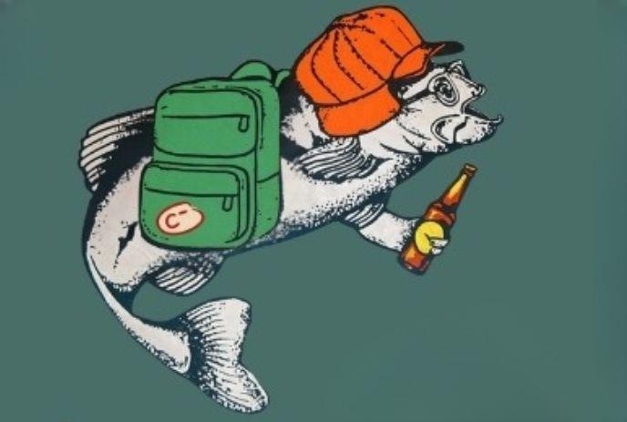 Cartoon fish in orange cap, green backpack with “C,” holding bottle; teal backdrop adds quirky charm.