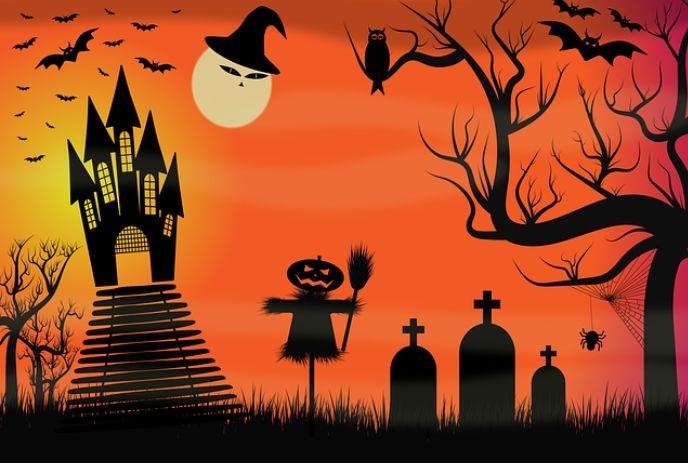 Haunted house, moon with hat, bats, scarecrow, graveyard, twisted trees, owl, spider with Halloween scene.