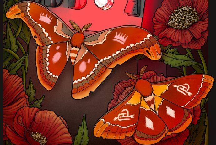 Two vivid moths with orange-red wings hover among poppies, glowing near surreal lights and control panel forms.