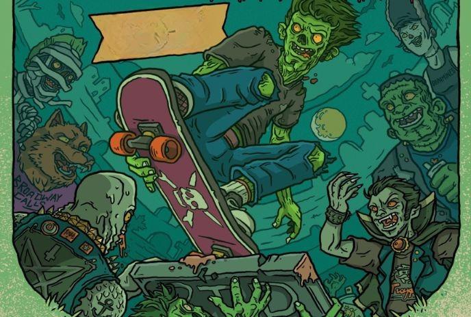 Zombie skater flies mid-air as monsters wreak havoc in moonlit chaos—urban horror meets comic mayhem.