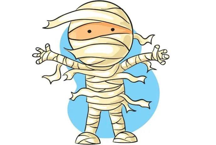 Cartoon mummy wrapped in beige bandages with outstretched arms stands playfully against a light blue background.