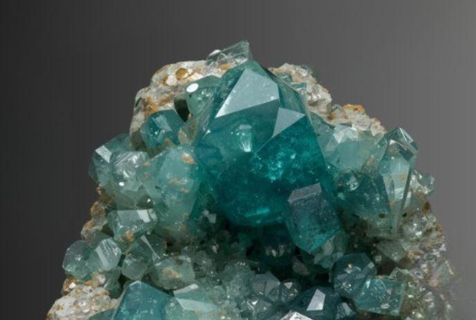 Cluster of sharp-edged blue-green crystals under a grey background.