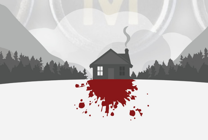 Grey house in the mountains with red blood spilling out from around it.