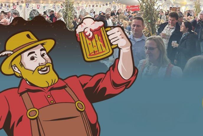 Cartoon man with beer mug at lively Oktoberfest tent, crowd celebrating with drinks and lights.