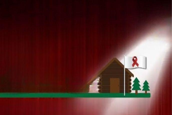 Illustration of a log cabin with two pine trees beside it. A white flag with a red ribbon is placed in front & a spotlight.