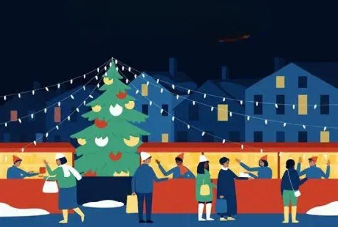 Christmas market at night with lit tree, snowy ground, festive stalls, people shopping and celebrating joyfully.