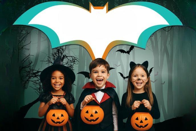 Three kids in Halloween costumes—witch, vampire, and bat, hold pumpkin buckets in spooky forest with bat graphic.