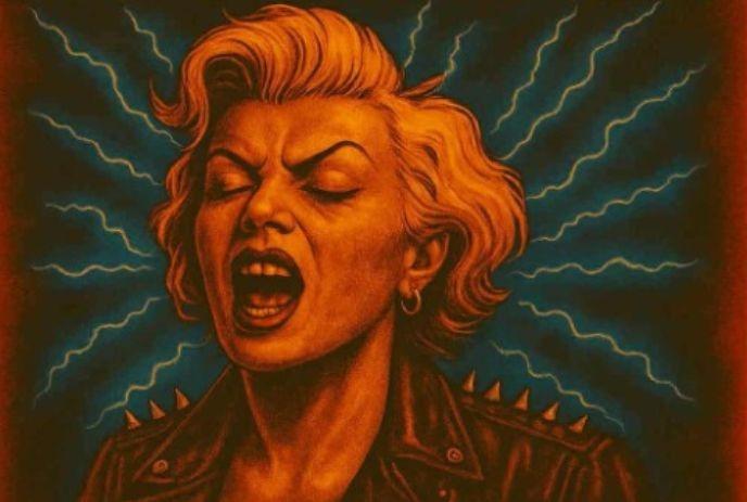 Illustration of a women shouts in spiked jacket, lightning bursts behind—energy surges in bold, electric style.