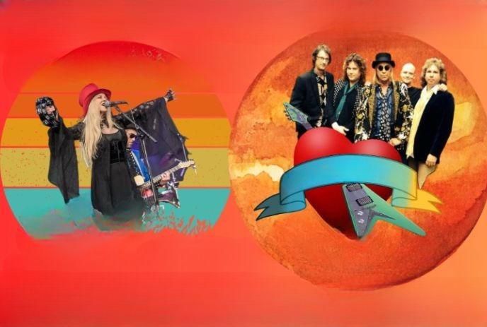 Rock band and female singer performing, set against vibrant retro and heart-themed backgrounds in orange.