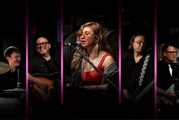 Five band members in vertical strips—drummer, acoustic guitarist, vocalist, bassist, and electric guitarist—on dark stage.