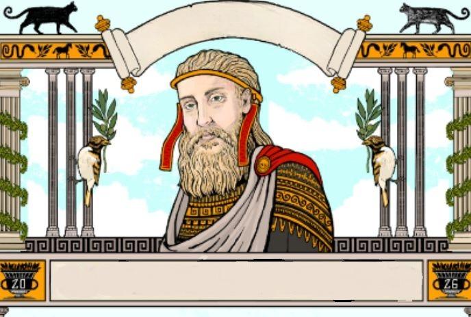 Bearded figure in ornate robes framed by columns, birds, cats, and banner; mythic, temple-like illustration.