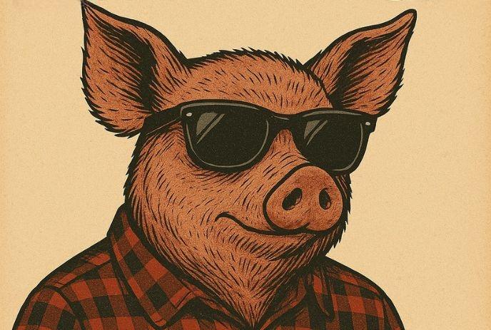 Cartoon pig in black sunglasses and red flannel shirt poses against beige backdrop.