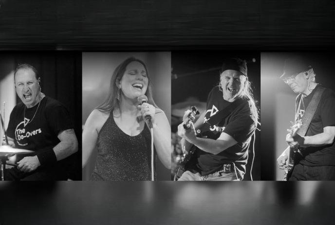 Four-panel collage of band The Do-Overs performing; drums, vocals, guitars, and bass in black-and-white.