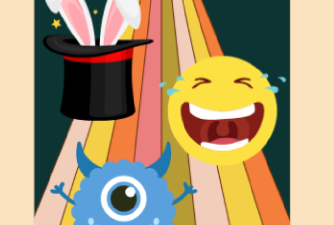 A blue monster, a rabbit in a magician's hat and a laughing smiley face in front of a colourful rainbow.