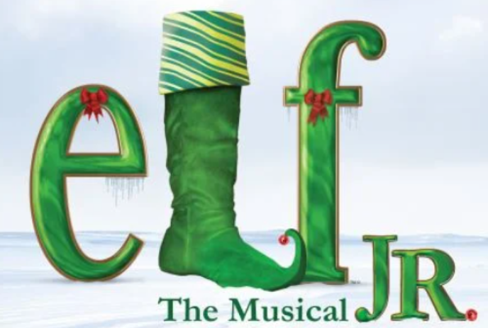 The word Elf in green with red bows and the letter L in the shape of an elf stocking.