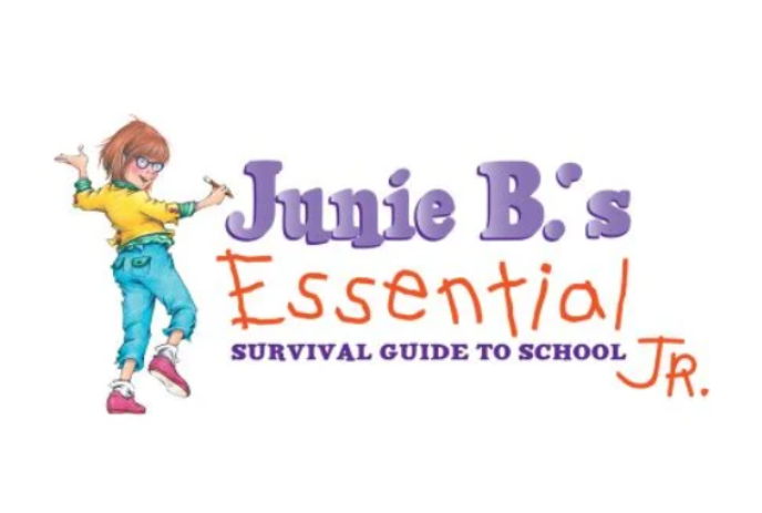 Junie B. Jones wearing purple glasses writing words on a board.