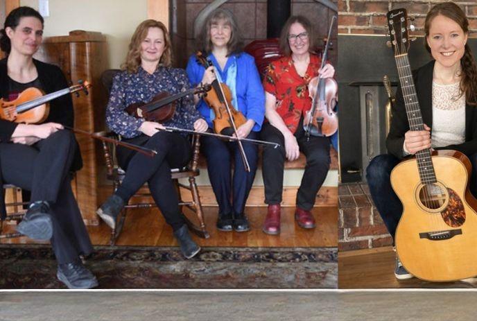 Five musicians pose indoors with violins, viola, and guitar, posing for a picture.