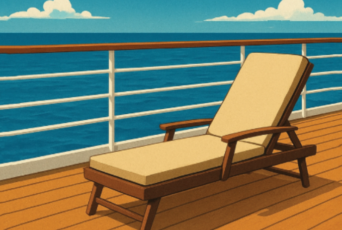 Deck chair on a cruise ship that is sailing.