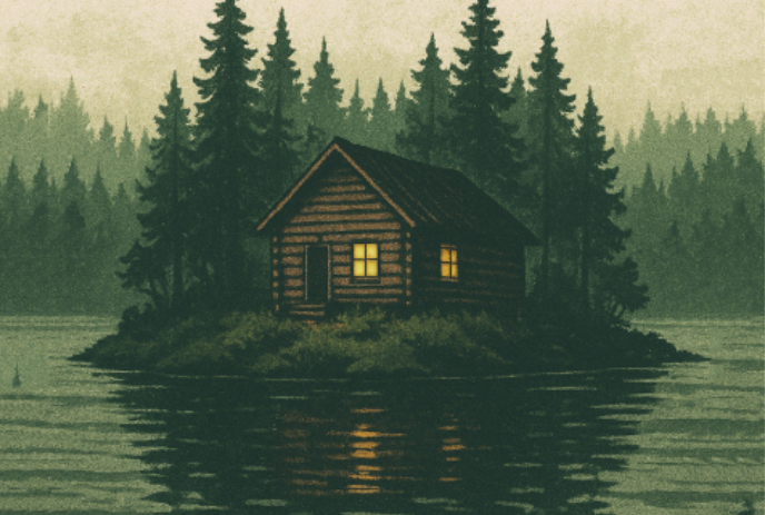 Brown cabin on a small island surrounded by water and trees.