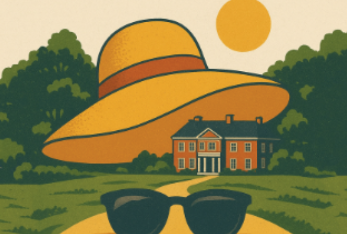 A large beach hat super imposed over a house with a pair of sunglasses on the road in front.