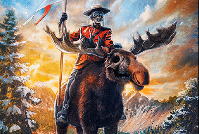 A skeleton wearing an RCMP uniform riding on a moose, with mountains and trees in the backdrop.