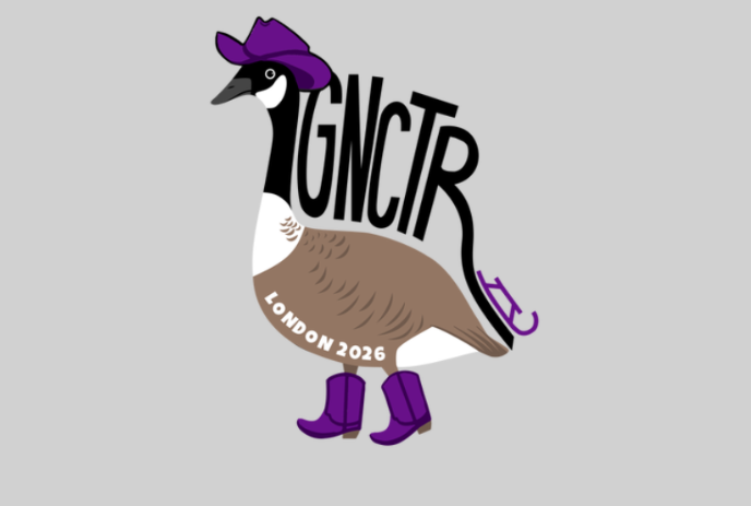Canada goose wearing purple boots and a purple cowboy hat, and a toboggan sliding down their back.