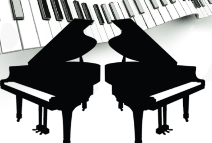 Two black and white pianos facing each other with a keyboard floating above them.
