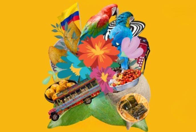 Colombian culture collage with flag, parrots, food, bus, hat, coffee, flowers, yellow backdrop.