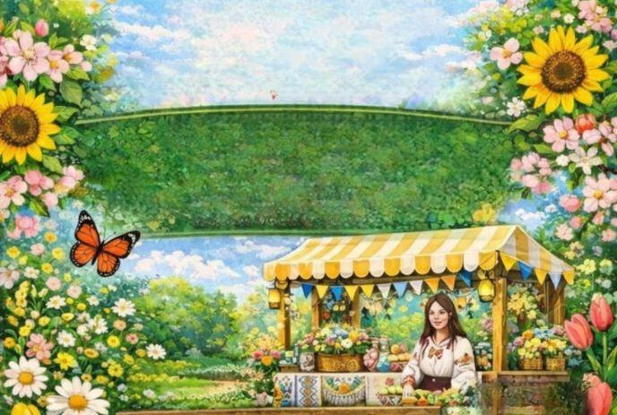 Woman in a spring theme, selling flowers at a sunny garden stall with canopy, bunting, and blooms.