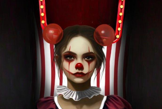 Clown with red nose, eerie makeup, ruffled collar, and circus-themed backdrop of stripes and balloons.