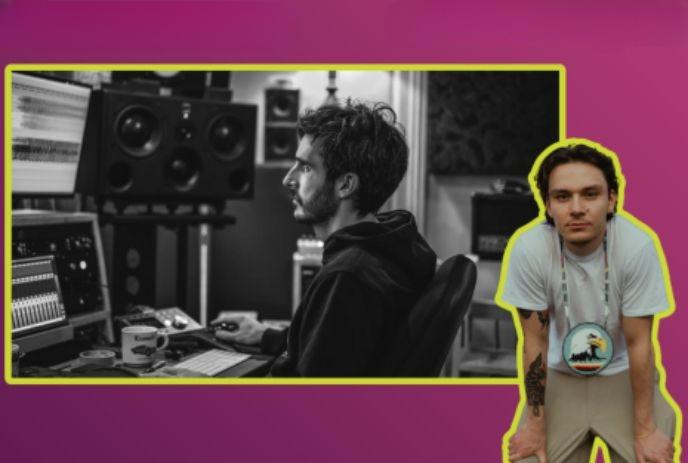 Artist editing music in studio, other posing on purple backdrop with yellow outline.