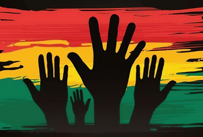 Black hands reaching upwards with a green, yellow and red background behind them.