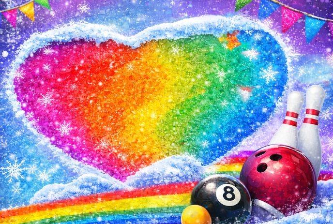 Colorful heart with rainbow hues framed by snowflakes, bowling pins, balls, and festive pennant flag