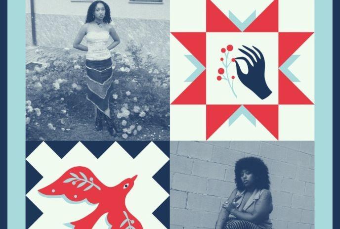 Collage with two portraits paired woman beside two bold quilt?style graphic designs.