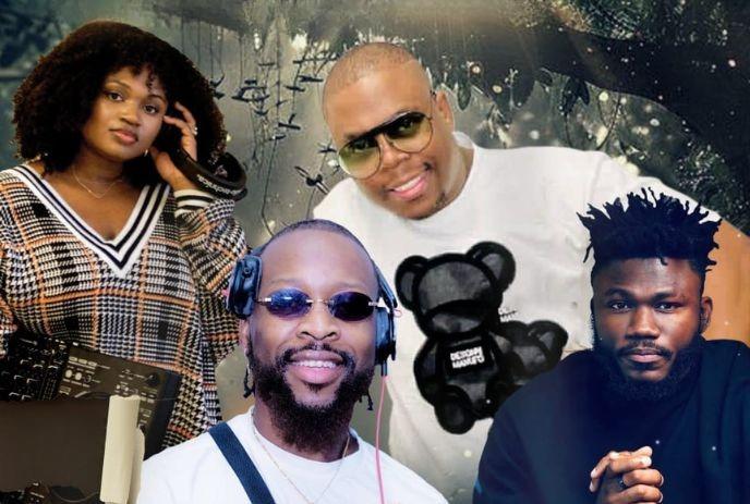 Four artists in a frame posing for the picture under a stylized forest scene.