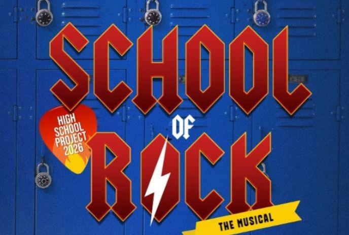 Red “School of Rock” lettering over blue lockers, with a guitar?pick label for a 2026 high?school project.