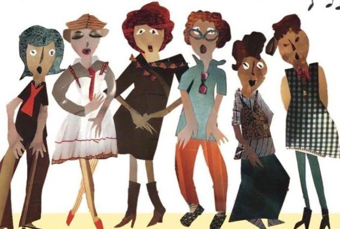 Six cartoon women singing together in colorful stylized collage art with bold shapes and expressive poses