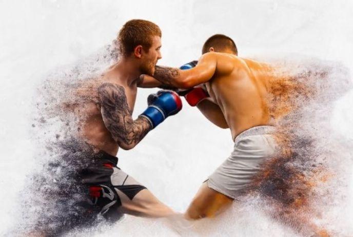 Two boxers trading punches in a dynamic smoky arena, one in blue gloves and one in red.