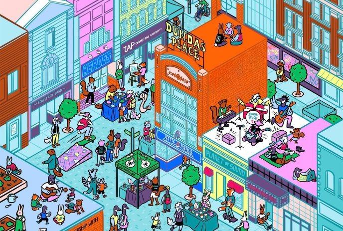 Colorful busy street of animal characters walking eating playing music among shops and rooftops.