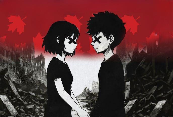 Two grayscale figures with xmarked eyes hold hands before ruined city as red maple leaves drift above them.
