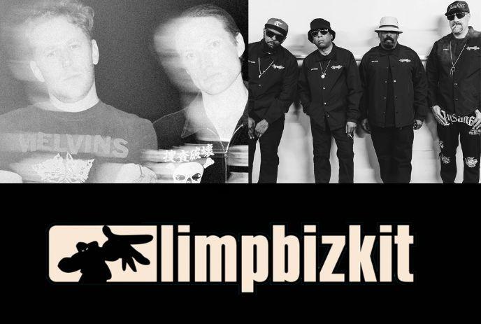 Collage shows two grayscale figures and group of four in dark outfits above bold band logo at bottom.