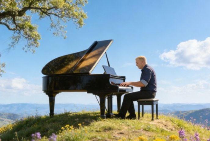 Craig Hancock plays grand piano on flowered hilltop under bright sky with rolling distant hills creating calm.