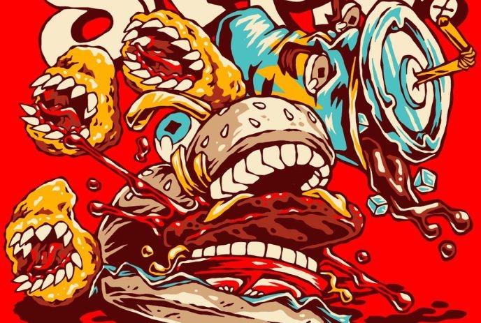 Fierce cartoon burger with sharp teeth bursts amid flying biting snacks on bright red chaotic backdrop.