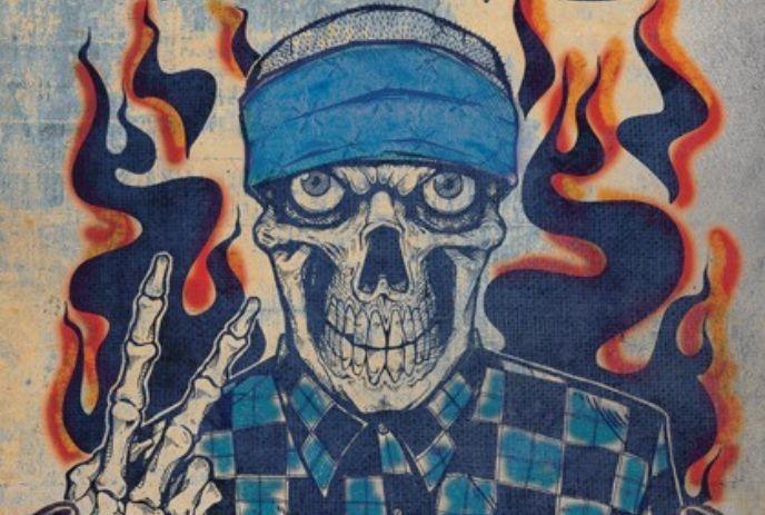 Skeleton in blue bandana and plaid shirt raises peace sign before bold orange flames in graphic style.