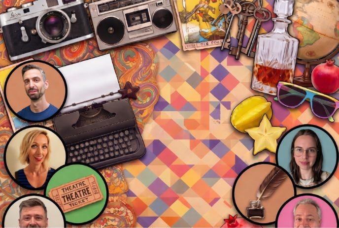 Collage with portraits, vintage objects, keys, cards, camera, fruit, and creative themed items.